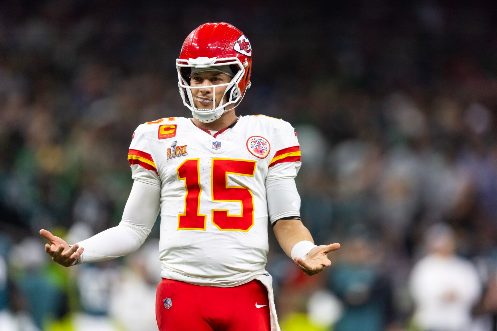 Kansas City Chiefs quarterback Patrick Mahomes (15) reacts against the Philadelphia Eagles in Super Bowl LIX at Ceasars Superdome.