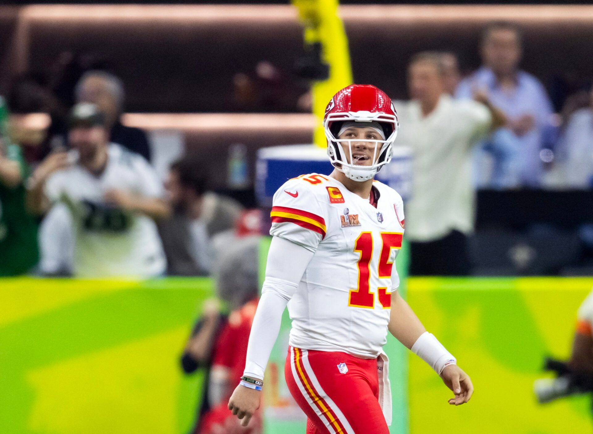 Kansas City Chiefs quarterback Patrick Mahomes (15) reacts against the Philadelphia Eagles in Super Bowl LIX at Ceasars Superdome.