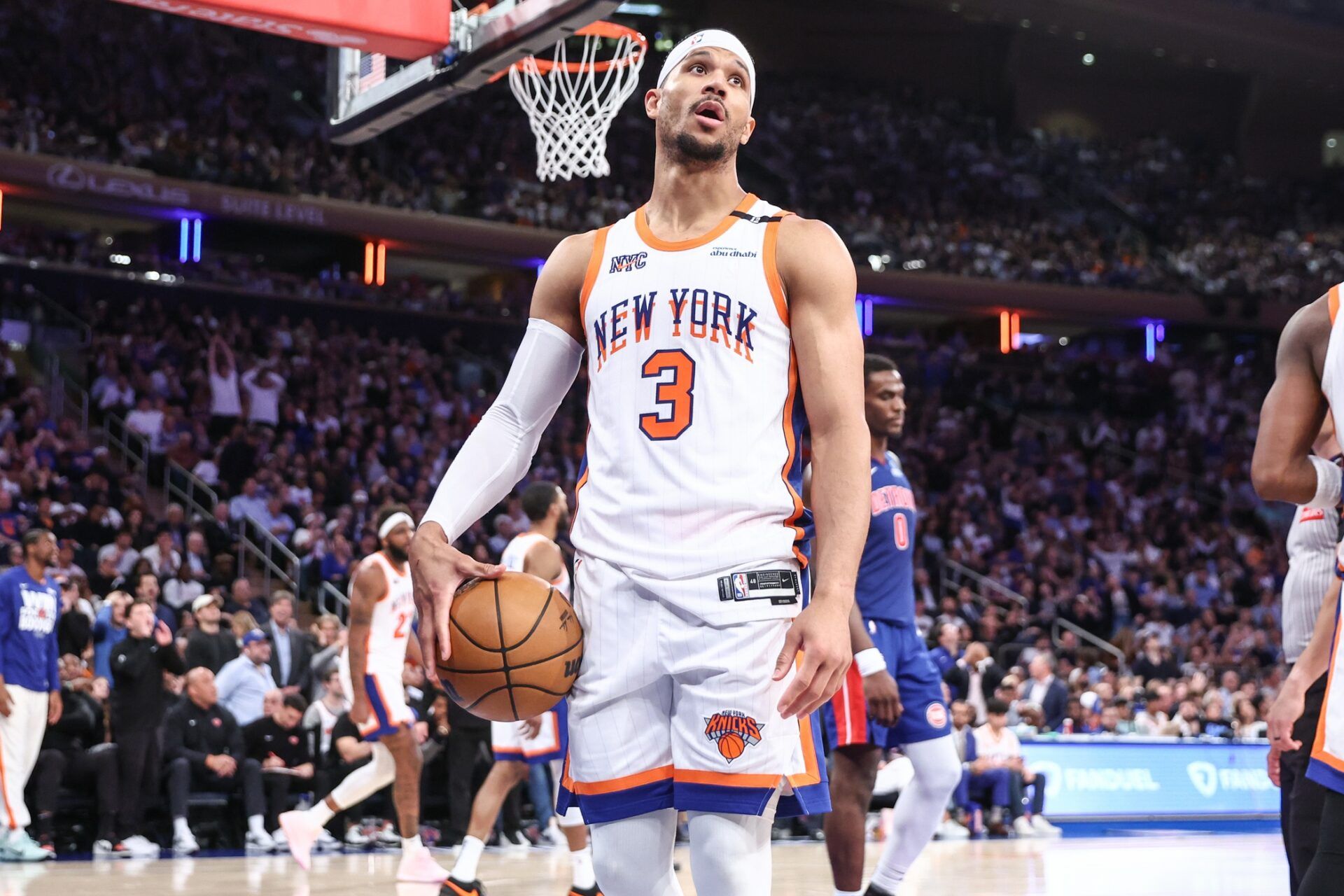 New York Knicks guard Josh Hart (3) reacts to a call in the fourth quarter against the Detroit Pistons during game five of first round for the 2025 NBA Playoffs at Madison Square Garden.