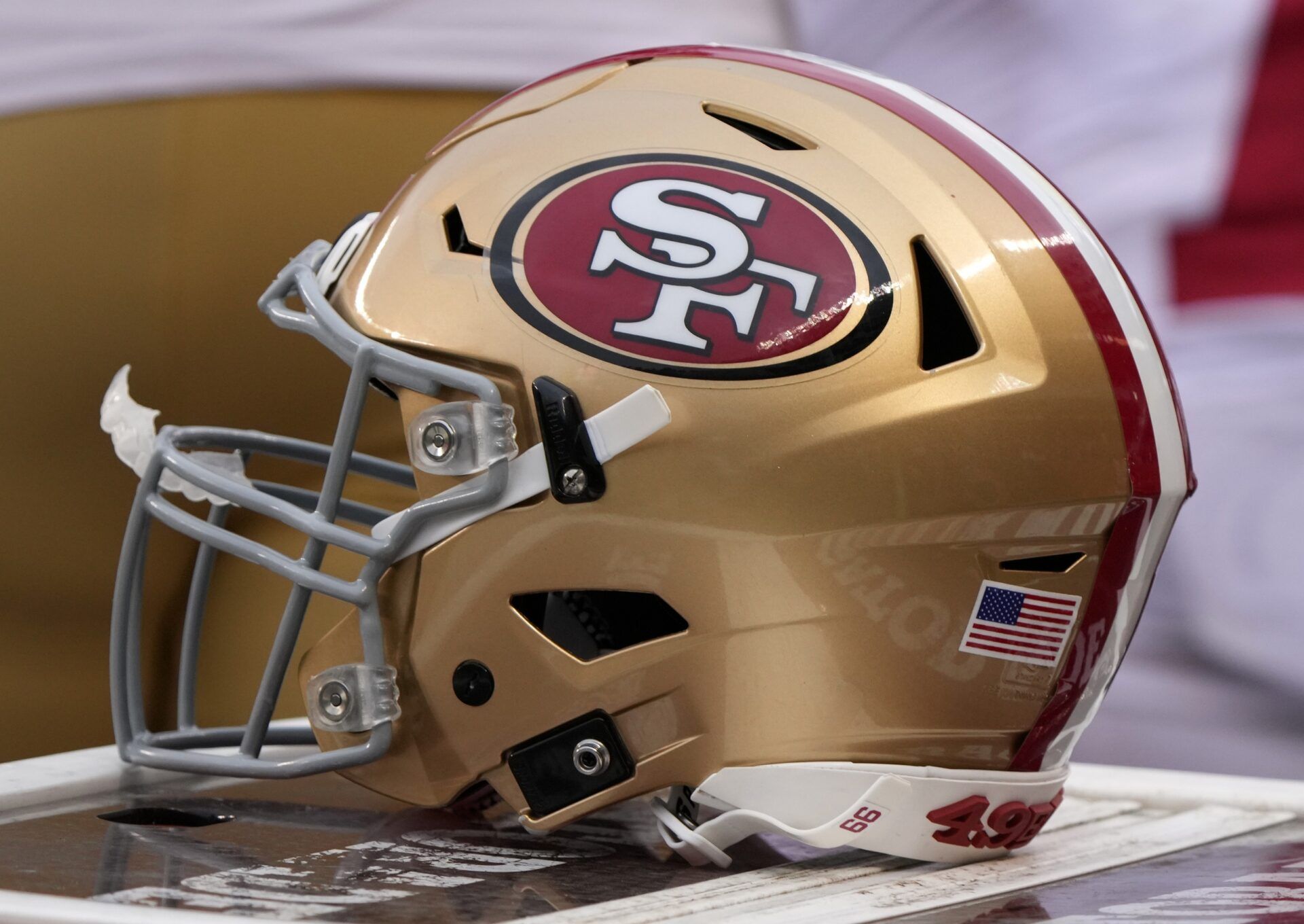 A detailed view of the San Francisco 49ers helmet during the second quarter against the Chicago Bears at Soldier Field.