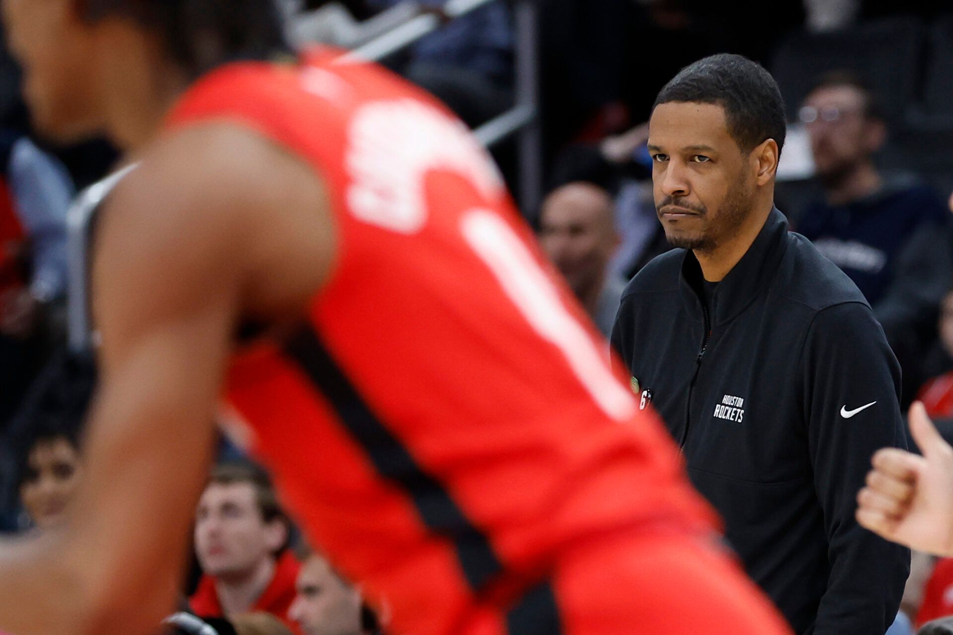Houston Rockets head coach Stephen Silas looks on from the bench against the Washington Wizards in the second quarter at Capital One Arena.