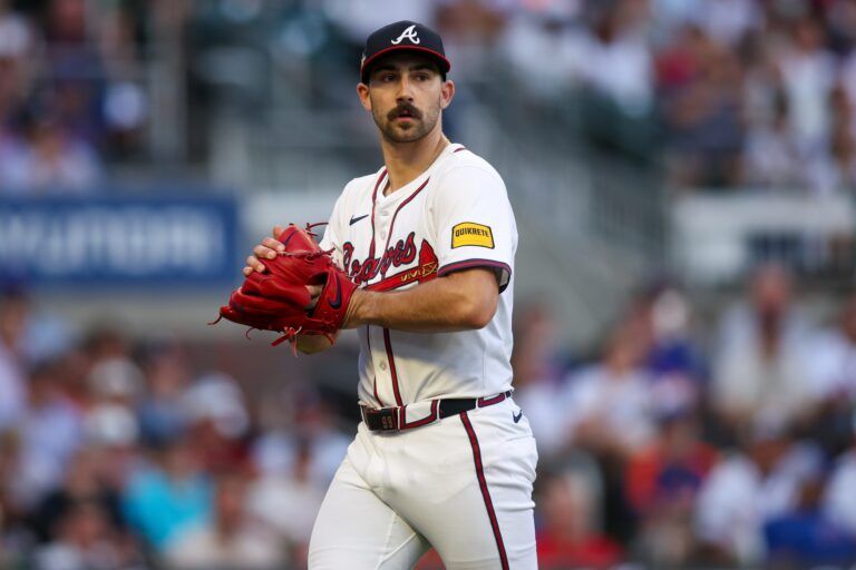 Atlanta Braves starting pitcher Spencer Strider (99) after an inning against the New York Mets in the third inning at Truist Park.