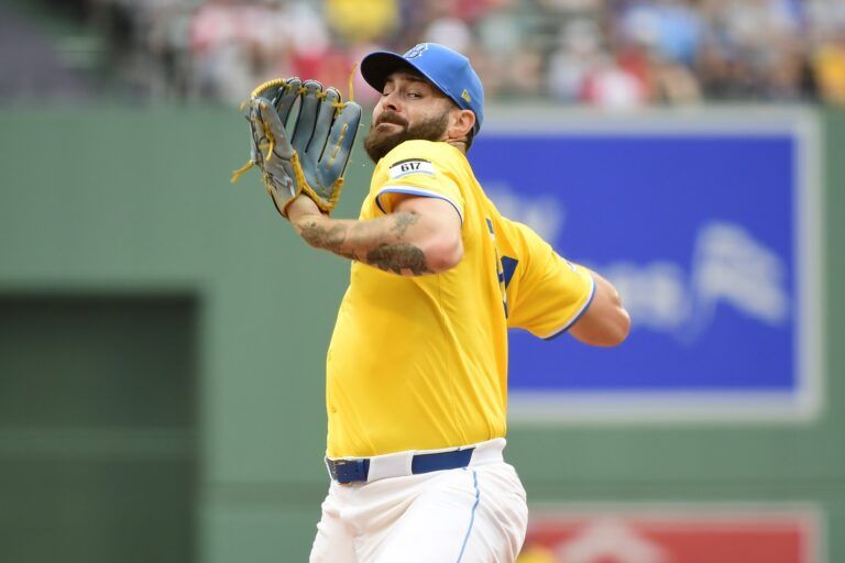 Boston Red Sox starting pitcher Lucas Giolito (54) pitches during the first inning against the Toronto Blue Jays at Fenway Park.