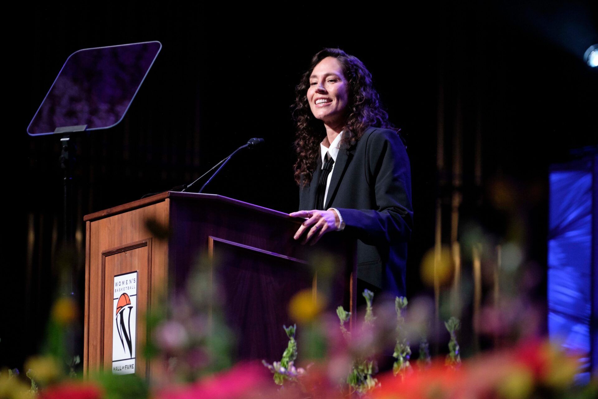 Women's Basketball Hall of Fame Inductee, Sue Bird, gives her remarks during the 2025 Women’s Basketball Hall of Fame Induction Ceremony at the Tennessee Theatre, June 14, 2025, in Knoxville, Tenn. (Shawn Millsaps/Special to News Sentinel)
