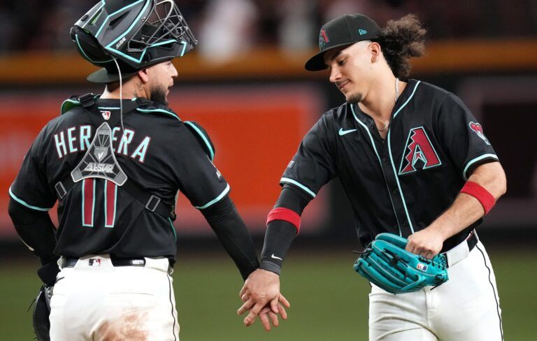 Arizona Diamondbacks Alek Thomas (5) high-fives Jose Herrera (11) after their win 4-2 win against the San Francisco Giants at Chase Field on June 30, 2025.