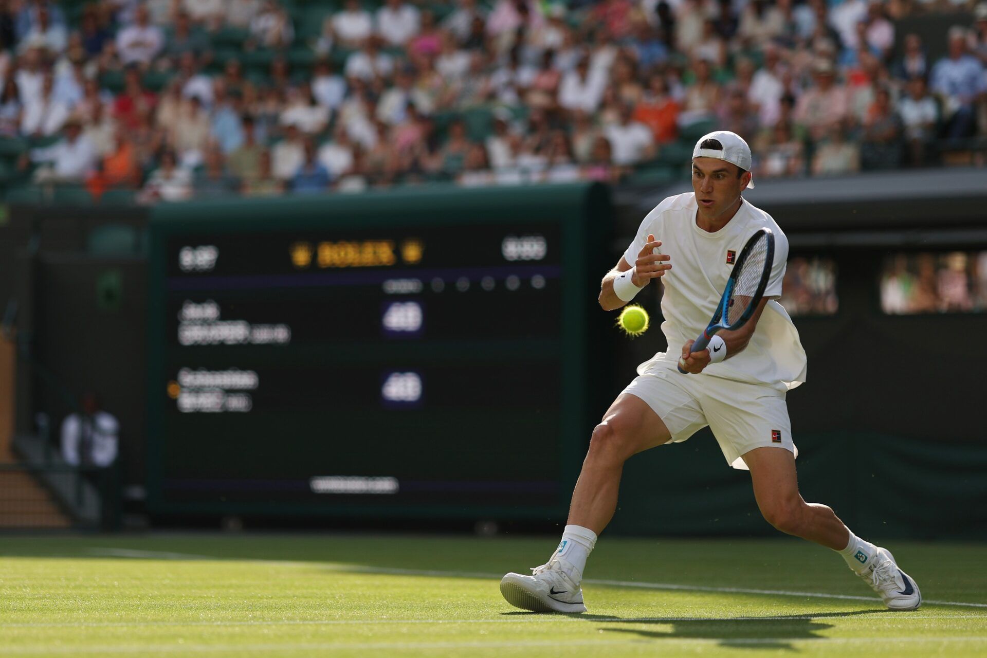 Jack Draper (GBR) hits a forehand against Sebastian Bez (ARG)(not pictured) on day 2 of The Championships, Wimbledon 2025 at All England Lawn Tennis and Croquet Club.