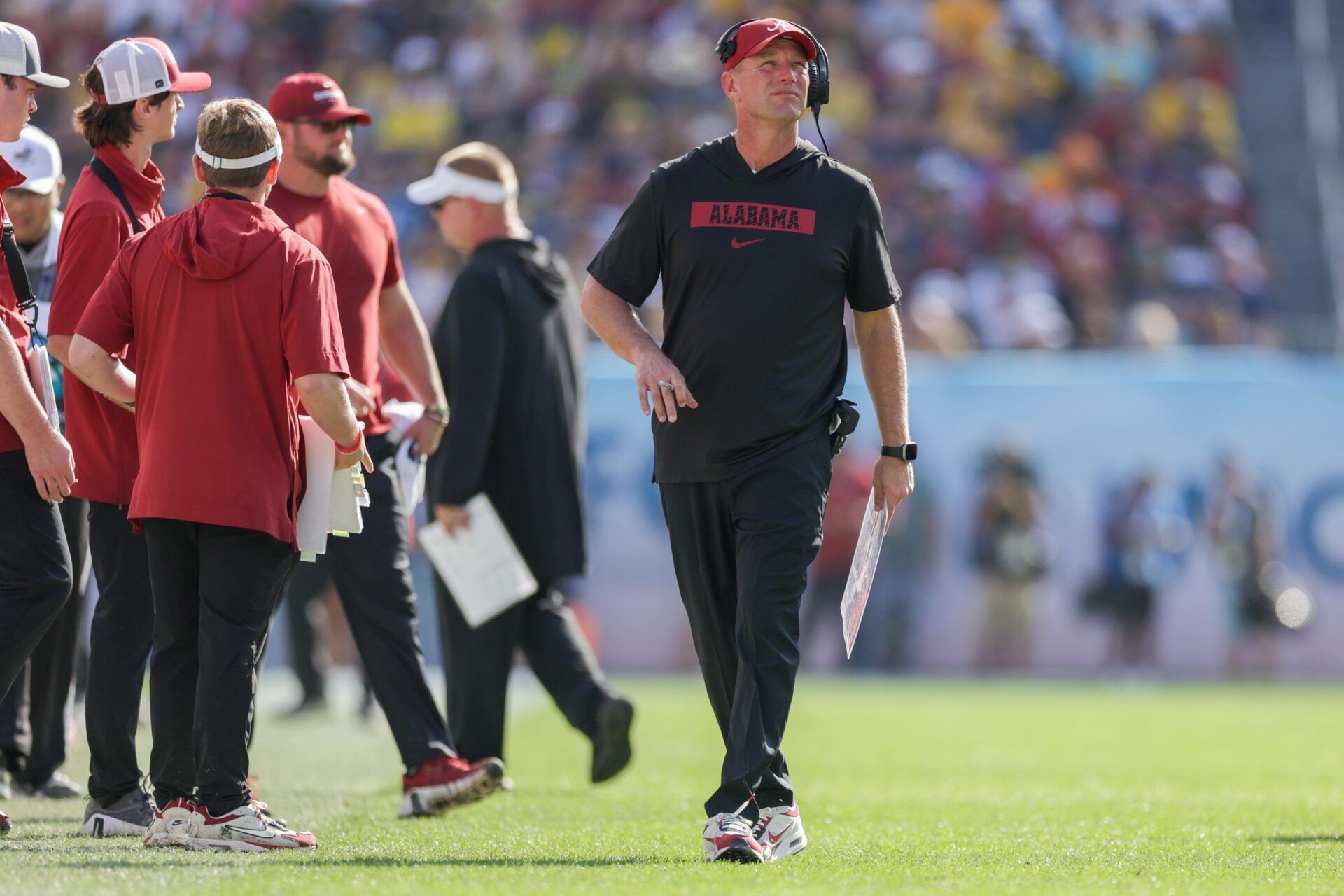 Alabama Crimson Tide head coach Kalen Deboer looks on against the Michigan Wolverines in the third quarter during the ReliaQuest Bowl at Raymond James Stadium.