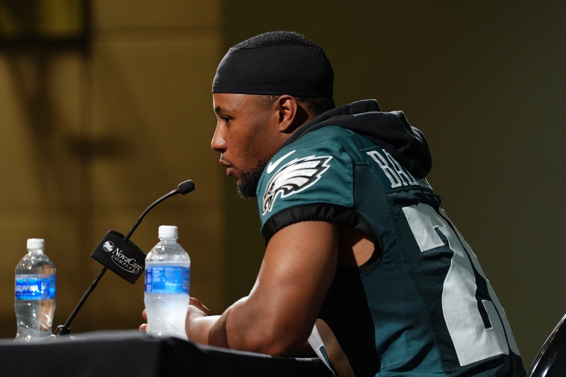 Philadelphia Eagles running back Saquon Barkley (26) addresses media during a press conference at NovaCare Complex.