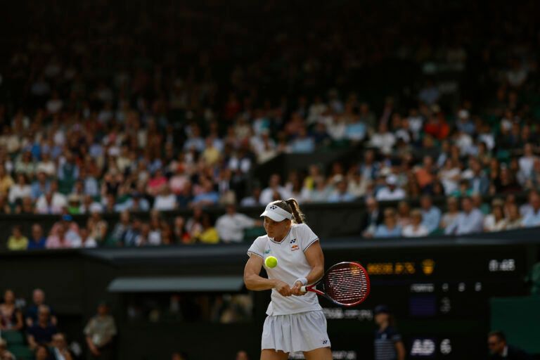 Elena Rybakina (KAZ) hits a backhand against Barbora Krejcikova (CZE)(not pictured) in a ladies' singles semifinal of The Championships Wimbledon 2024 at The All England Lawn Tennis Club.