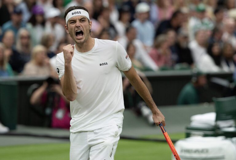 Taylor Fritz of the United States reacts to a point during his match against Alexander Zverev of Germany (not shown) on day eight of The Championships at All England Lawn Tennis and Croquet Club.