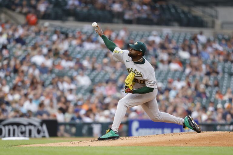Athletics starting pitcher Luis Severino (40) pitches in the in the first half against the Detroit Tigers at Comerica Park.