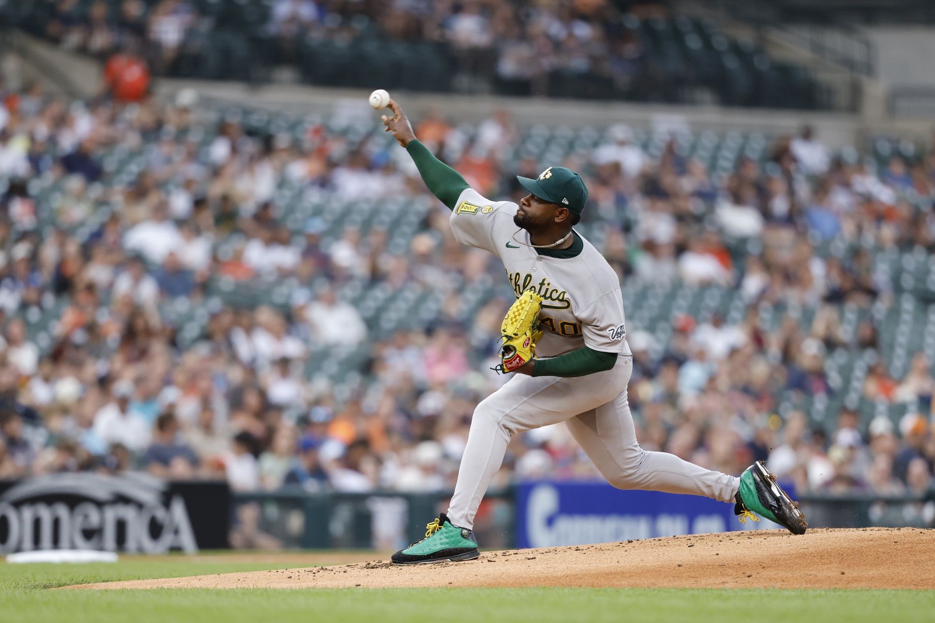Athletics starting pitcher Luis Severino (40) pitches in the in the first half against the Detroit Tigers at Comerica Park.