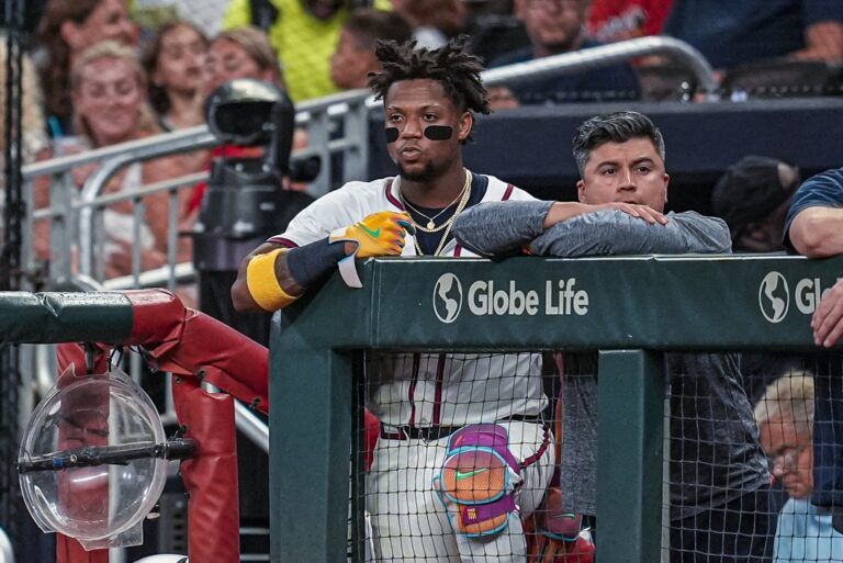 Atlanta Braves right fielder Ronald Acuna Jr (13) shown in the dugout during the game against the Los Angeles Angels during the seventh inning at Truist Park.