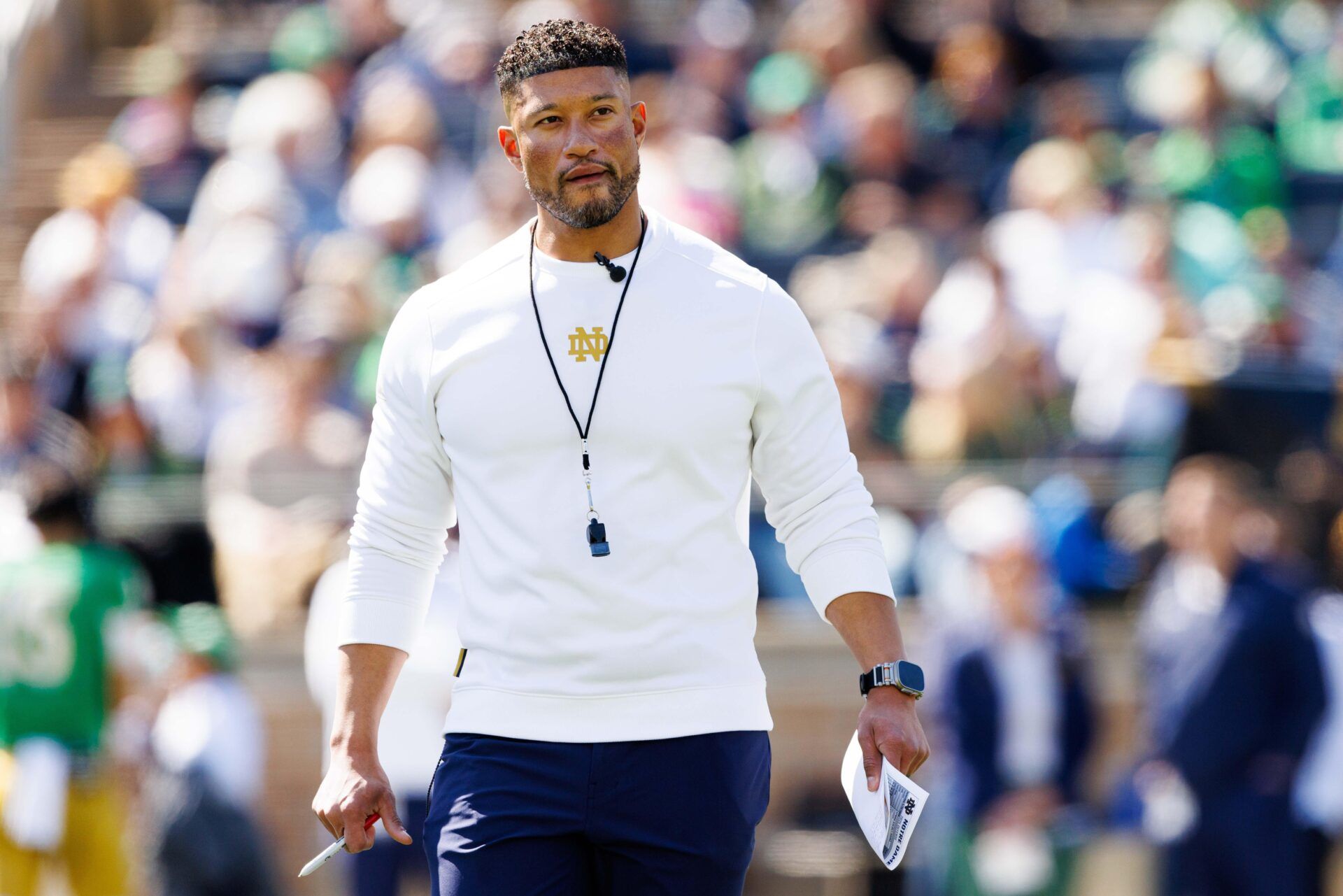 Notre Dame head coach Marcus Freeman during the Notre Dame Blue-Gold spring football game at Notre Dame Stadium on Saturday, April 12, 2025, in South Bend.