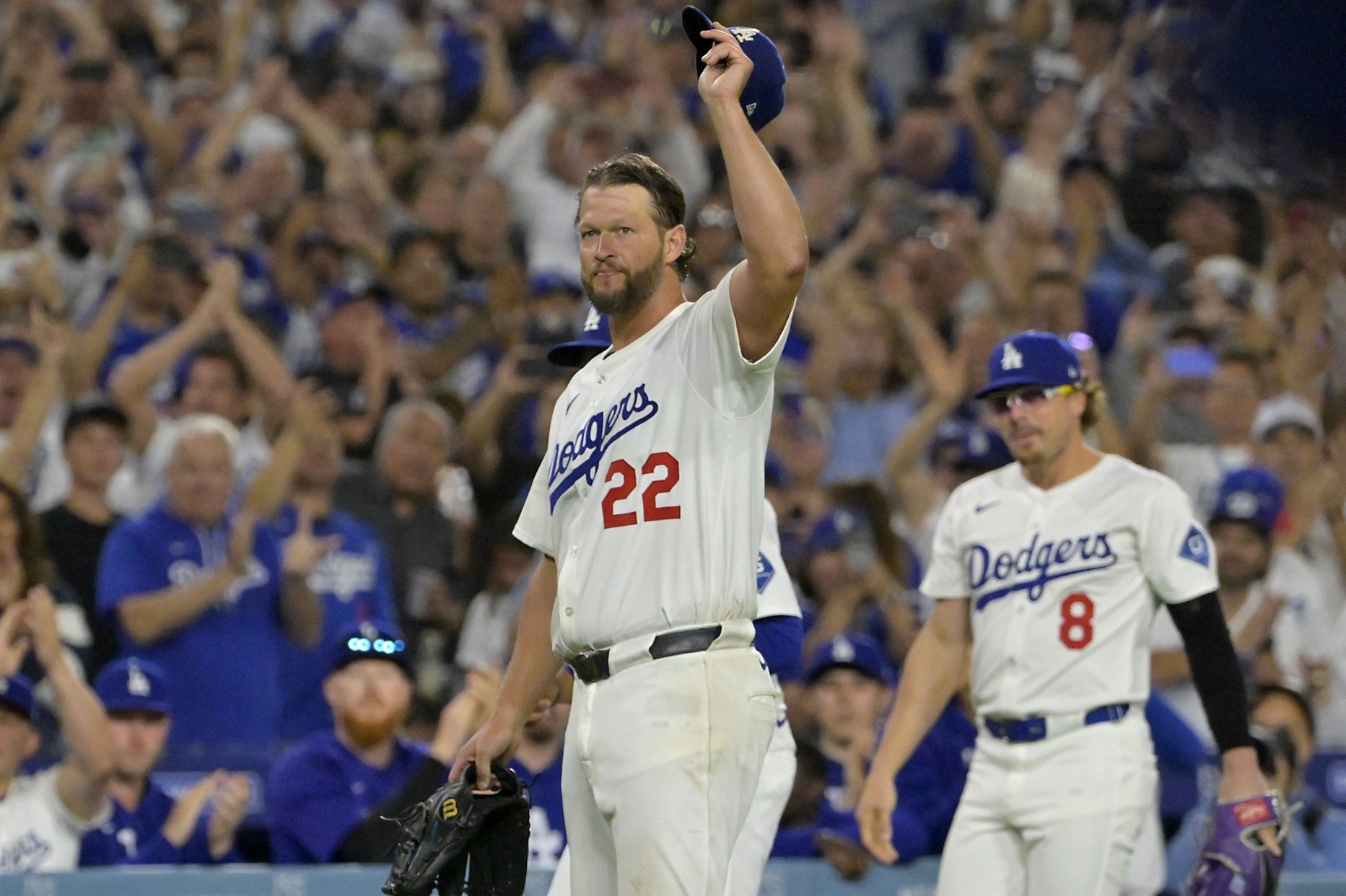 Los Angeles Dodgers starting pitcher Clayton Kershaw (22) acknowledges the crowd after striking out Chicago White Sox third baseman Vinny Capra (41) for his 3000th career strike at Dodger Stadium.