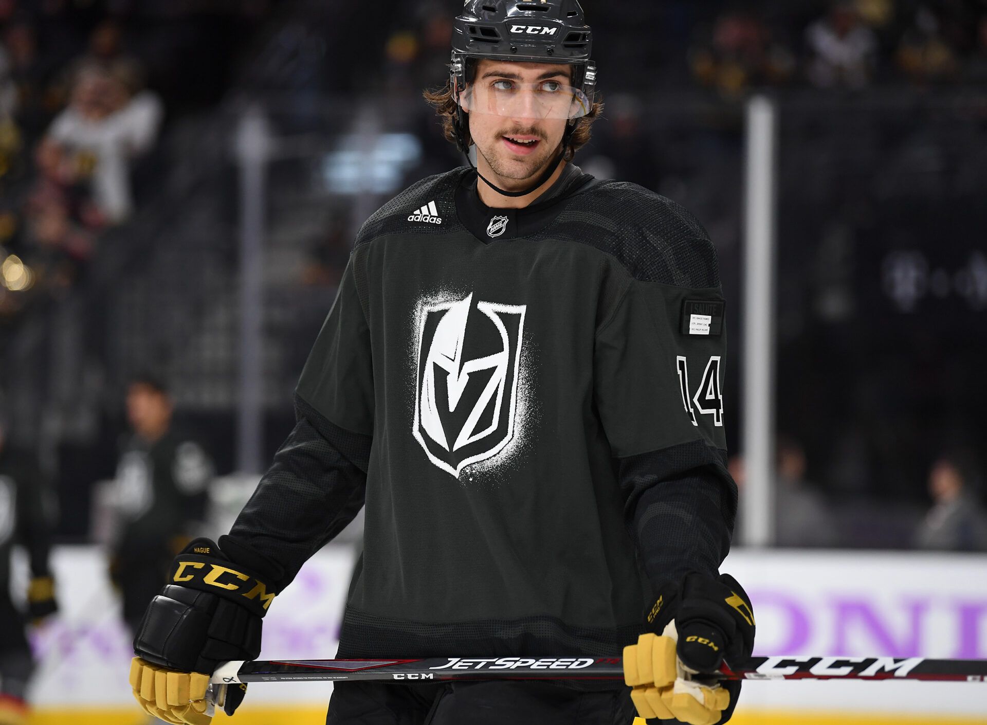 Vegas Golden Knights defenseman Nicholas Hague (14) is pictured during warmups wearing a special jersey in recognition of Military Appreciation night as the Golden Knights host the Chicago Blackhawks at T-Mobile Arena.
