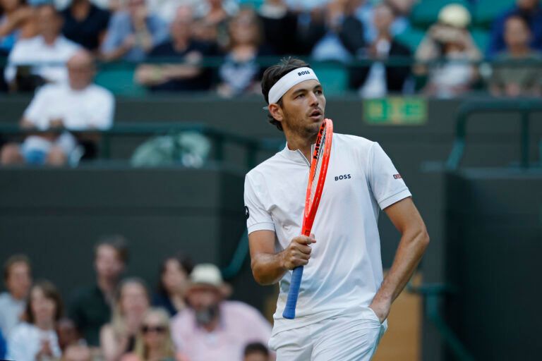 Taylor Fritz (USA) reacts after winning a third set tiebreaker against Gabriel Diallo (CAN)(not pictured) on day three of The Championships Wimbledon 2025 at All England Lawn Tennis and Croquet Club.
