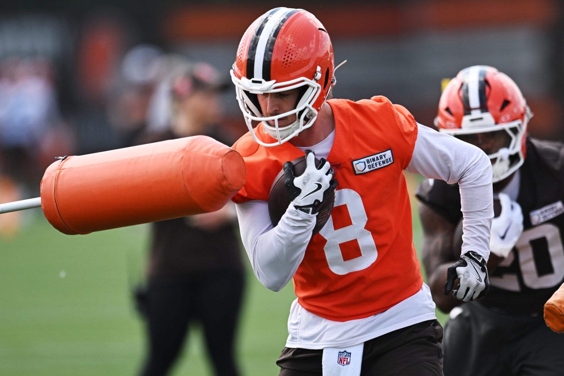 Cleveland Browns quarterback Kenny Pickett (8) runs a drill during minicamp at CrossCountry Mortgage Campus.