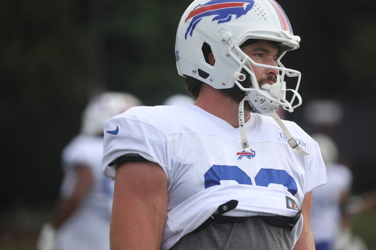 Bills Dawson Knox listens to the next drill the coach has the tight ends do during Bills training camp at St. John Fisher University in Pittsford, NY on Aug. 5, 2024.