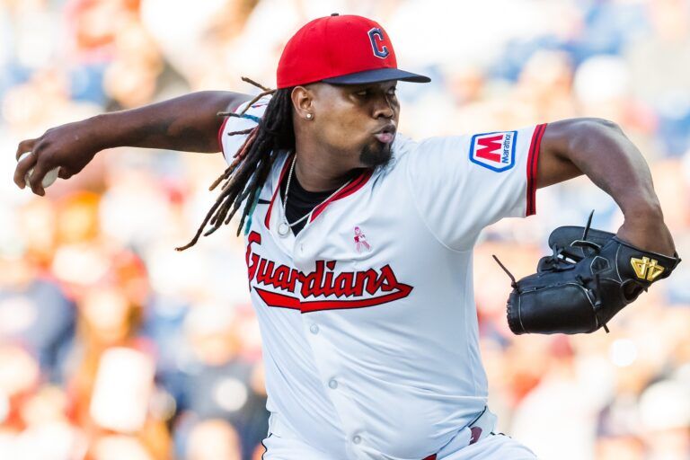 Cleveland Guardians starting pitcher Luis Ortiz (45) throws a pitch during the first inning against the Philadelphia Phillies at Progressive Field.