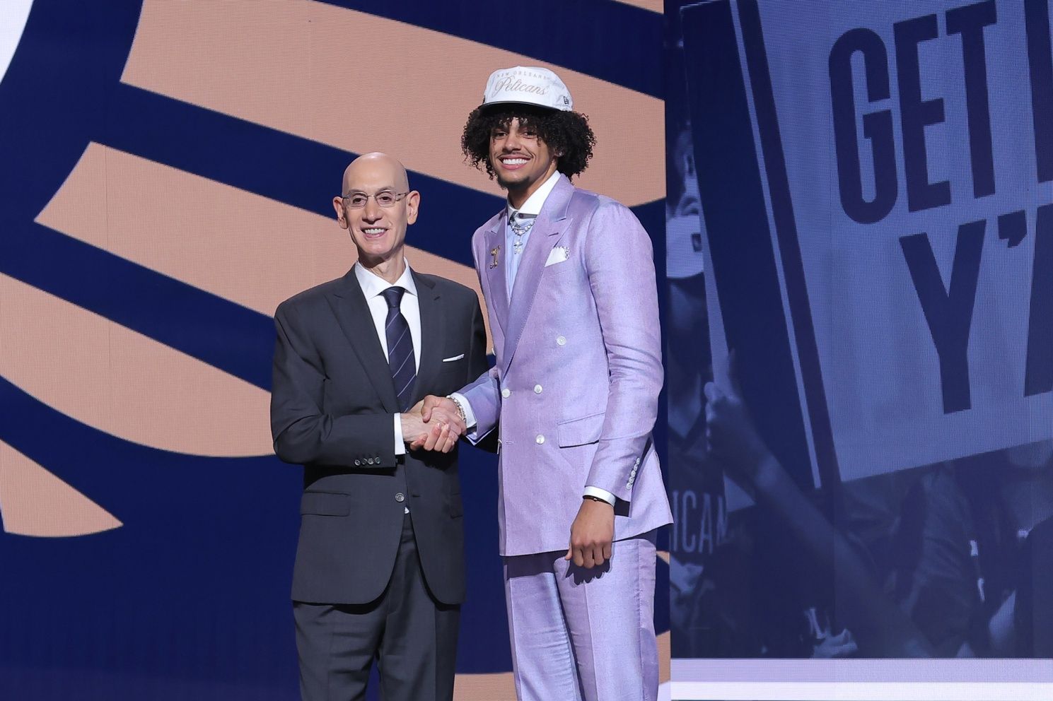 Asa Newell stands with NBA commissioner Adam Silver after being selected as the 23rd pick by the New Orleans Pelicans in the first round of the 2025 NBA Draft at Barclays Center.
