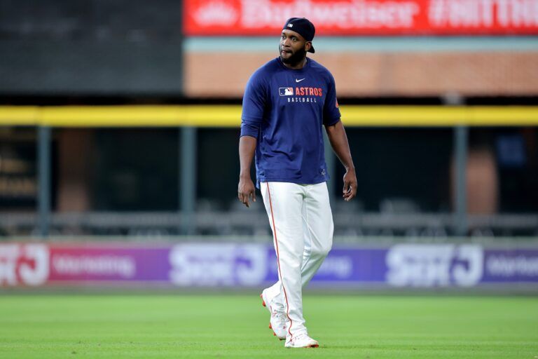 Houston Astros left fielder Yordan Alvarez (44) works out prior to the game against the Philadelphia Phillies at Daikin Park.