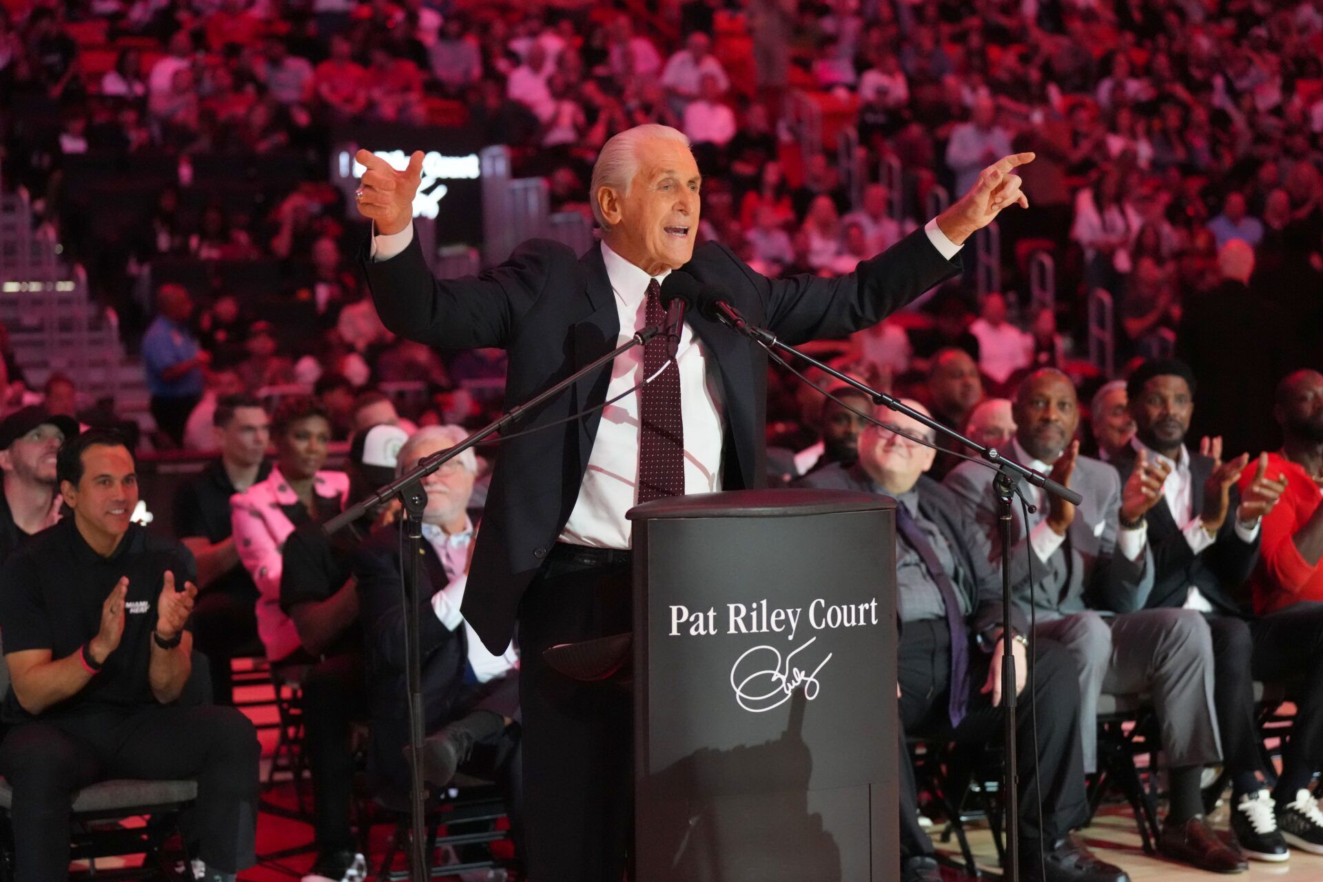 Miami Heat president Pat Riley addresses the crowd during the Pat Riley Court dedication ceremony at halftime at Kaseya Center.