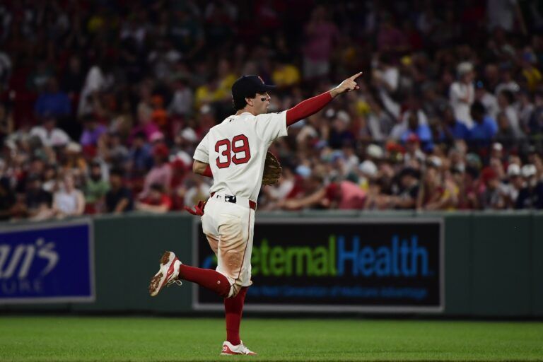 Boston Red Sox third baseman Marcelo Mayer (39) reacts after making an out during the eighth inning against the Cincinnati Reds at Fenway Park.