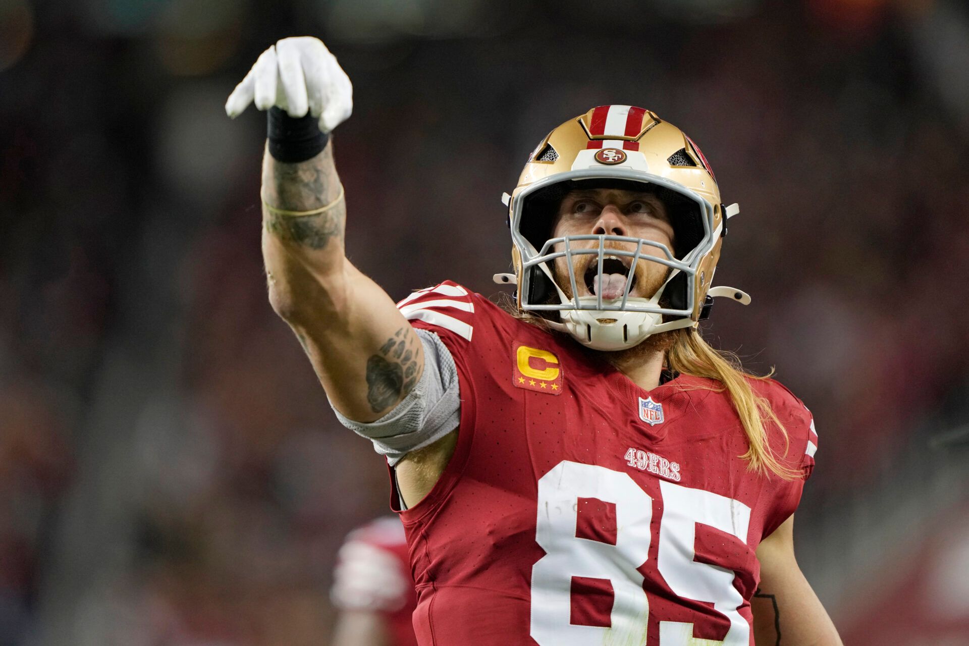 SANTA CLARA, CALIFORNIA - DECEMBER 30: George Kittle #85 of the San Francisco 49ers reacts after his first down reception against the Detroit Lions during the first quarter at Levi's Stadium on December 30, 2024 in Santa Clara, California. (Photo by Thearon W. Henderson/Getty Images)