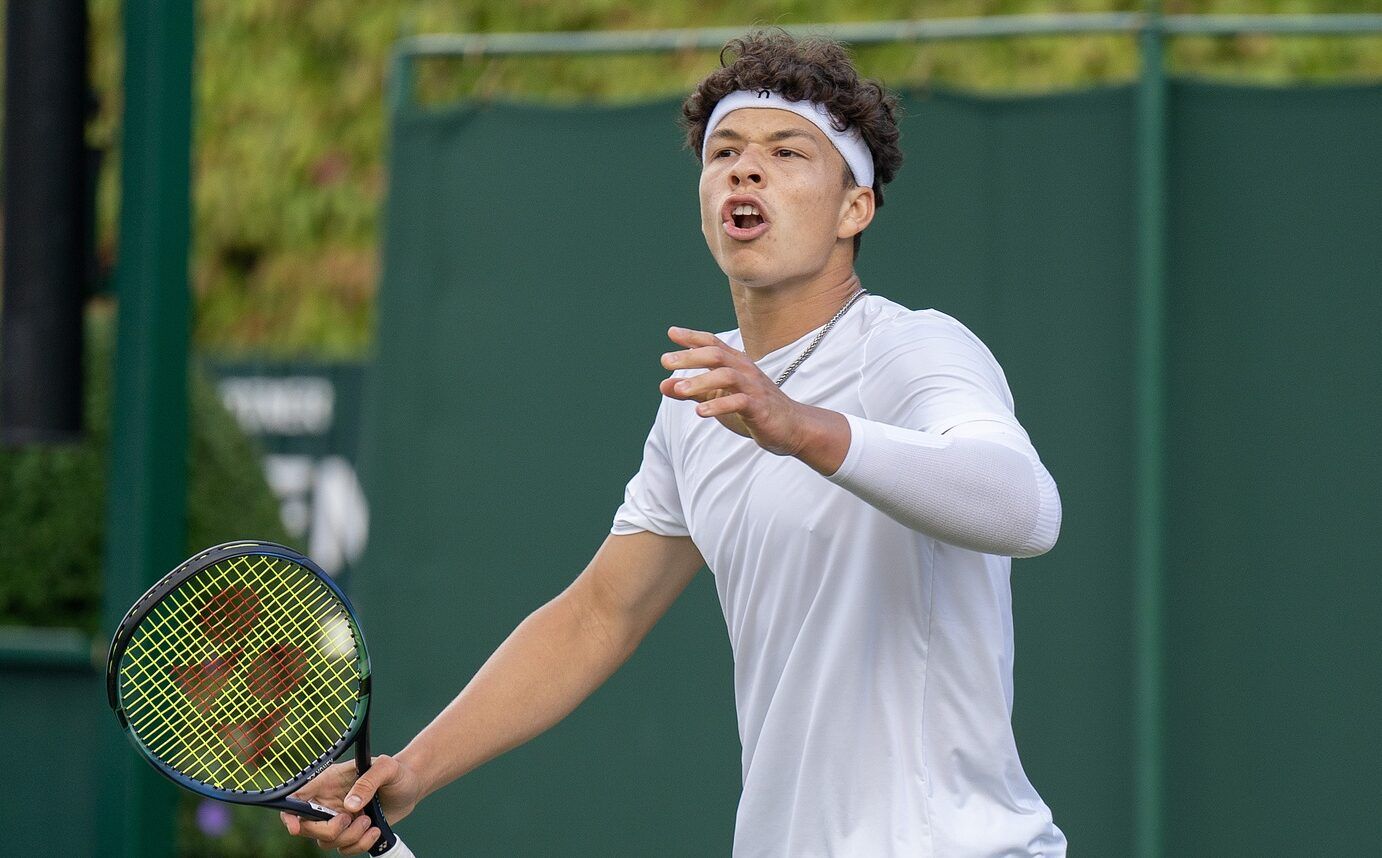 Ben Shelton (USA) reacts during a match against Taro Daniel (JPN) on day three at the All England Lawn Tennis and Croquet Club.