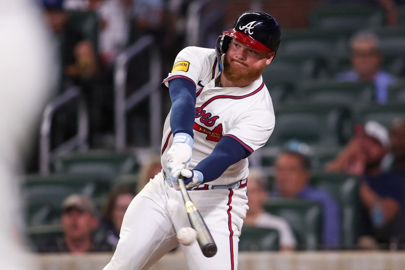 Atlanta Braves left fielder Alex Verdugo (8) hits a single against the New York Mets in the eighth inning at Truist Park.