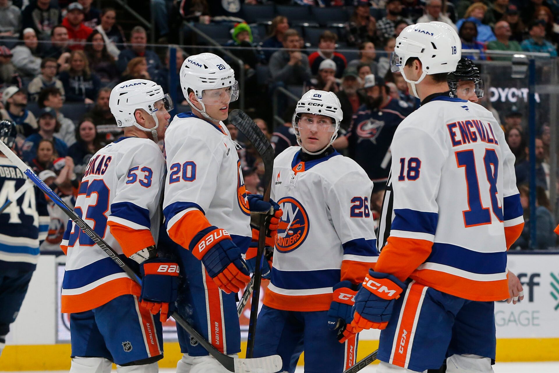 New York Islanders right wing Hudson Fasching (20) celebrates his goal against the Columbus Blue Jackets during the third period at Nationwide Arena.