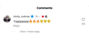 Screengrab of Trinity Rodman's comment on Ben Shelton's Instagram post/@benshelton