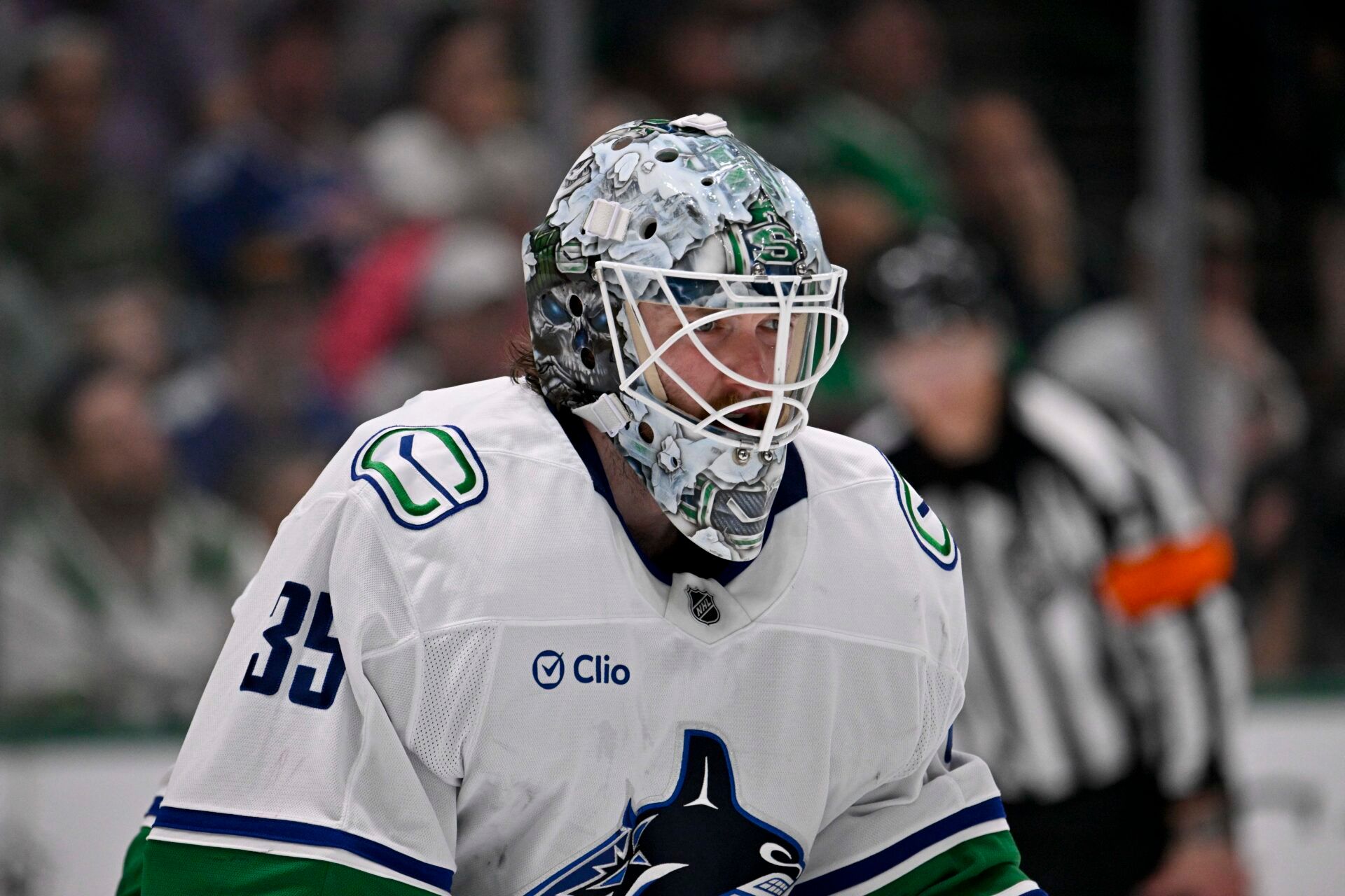 Vancouver Canucks goaltender Thatcher Demko (35) faces the Dallas Stars attack during the second period at the American Airlines Center.