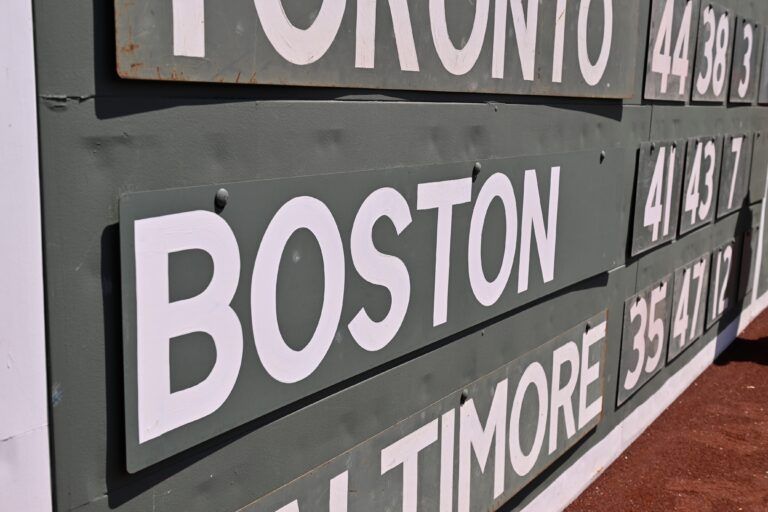 A closeup view of the Green Monster before a game at Fenway Park between the Boston Red Sox and the Toronto Blue Jays.