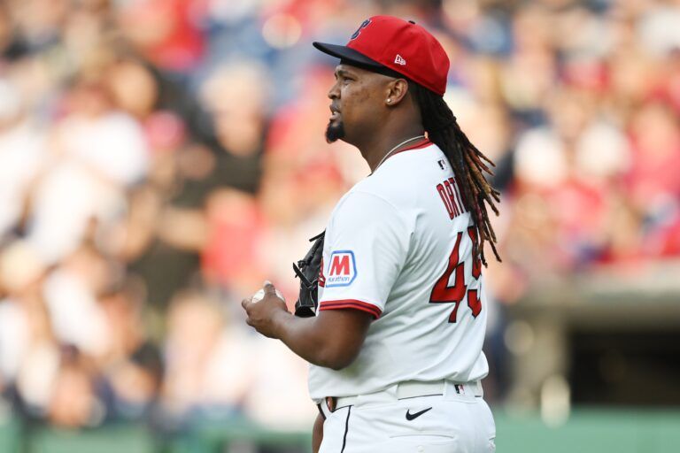 Cleveland Guardians starting pitcher Luis Ortiz (45) reacts after giving up a home run during the fourth inning against the Cincinnati Reds at Progressive Field.