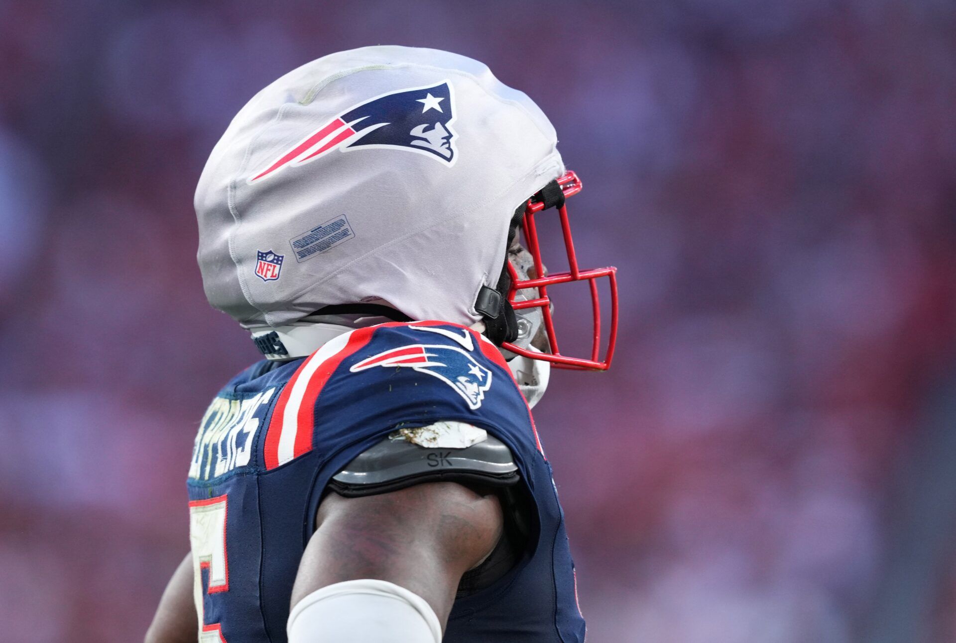 The details of the helmet of New England Patriots safety Jabrill Peppers (5) against the Arizona Cardinals during the second half at State Farm Stadium.