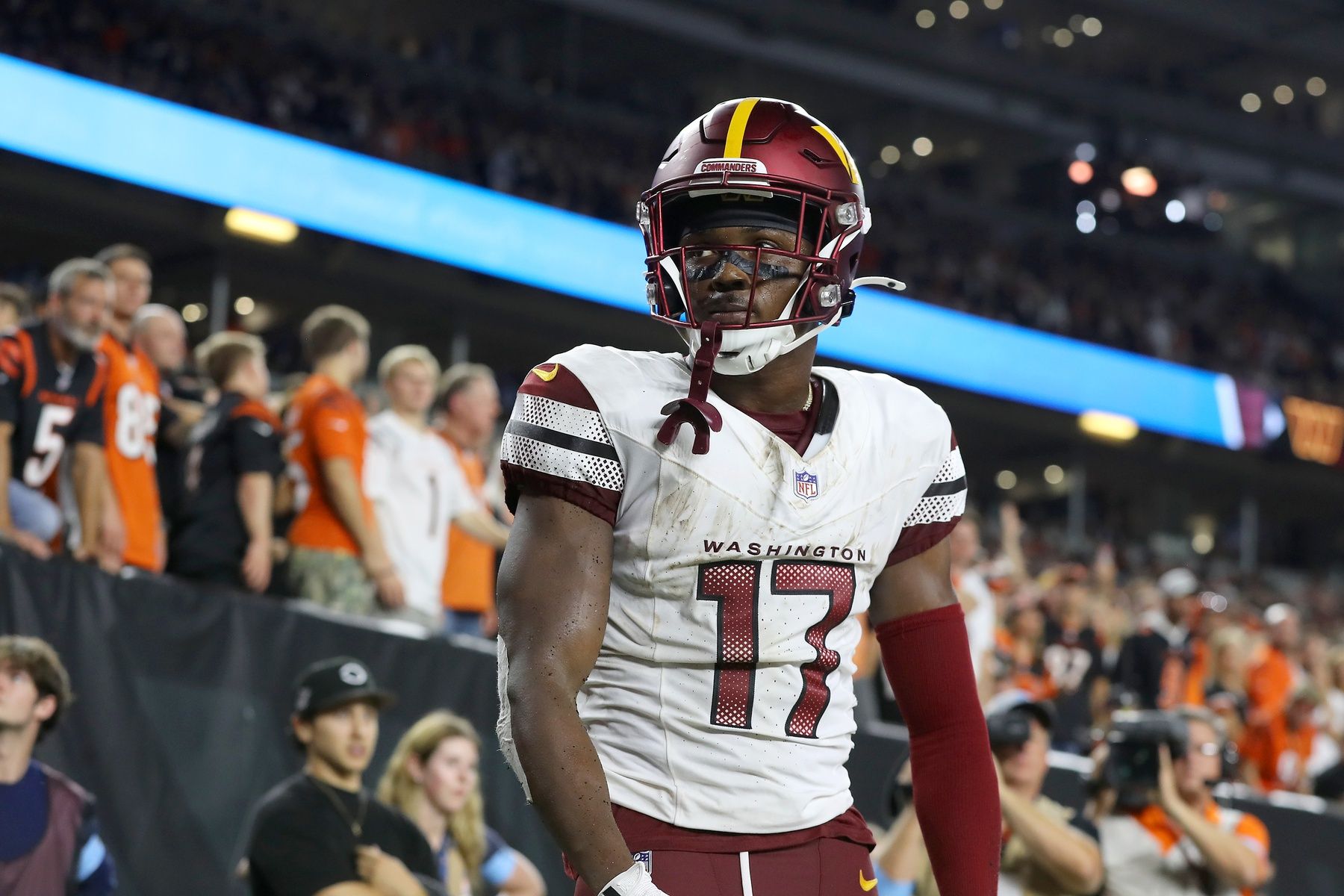 Washington Commanders wide receiver Terry McLaurin (17) reacts after catching the game winning touchdown during the fourth quarter against the Cincinnati Bengals at Paycor Stadium.