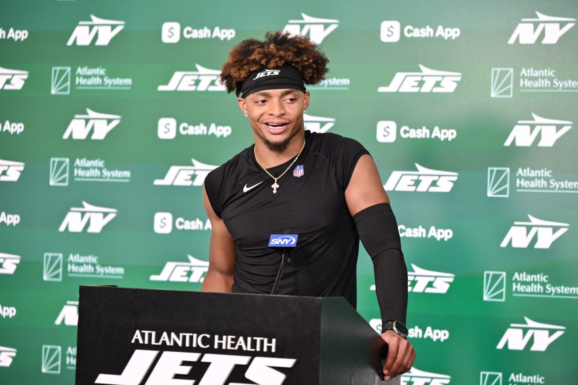 New York Jets quarterback Justin Fields (7) speaks at a press conference during minicamp at Atlantic Health Jets Training Center.