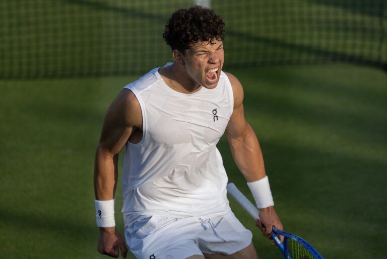 Ben Shelton of the United States celebrates winning his match against Alex Bolt of Australia on day two at the All England Lawn Tennis and Croquet Club.