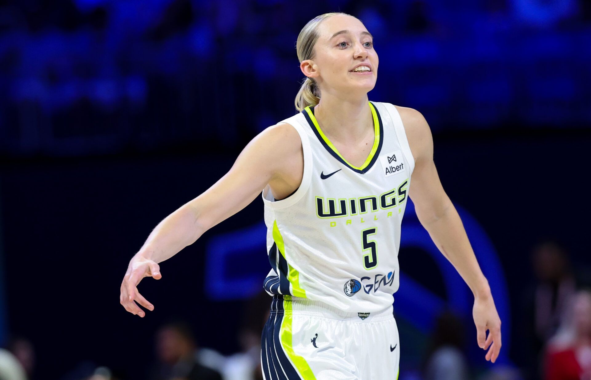 Dallas Wings guard Paige Bueckers (5) reacts against the Phoenix Mercury  during the first half at College Park Center.