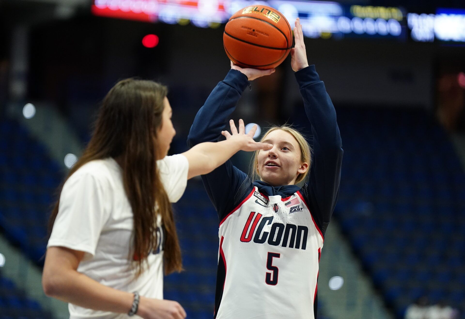 UConn Huskies guard Paige Bueckers (5) and guard Caroline Ducharme (33) both not playing today against the Tennessee Lady Vols at XL Center.