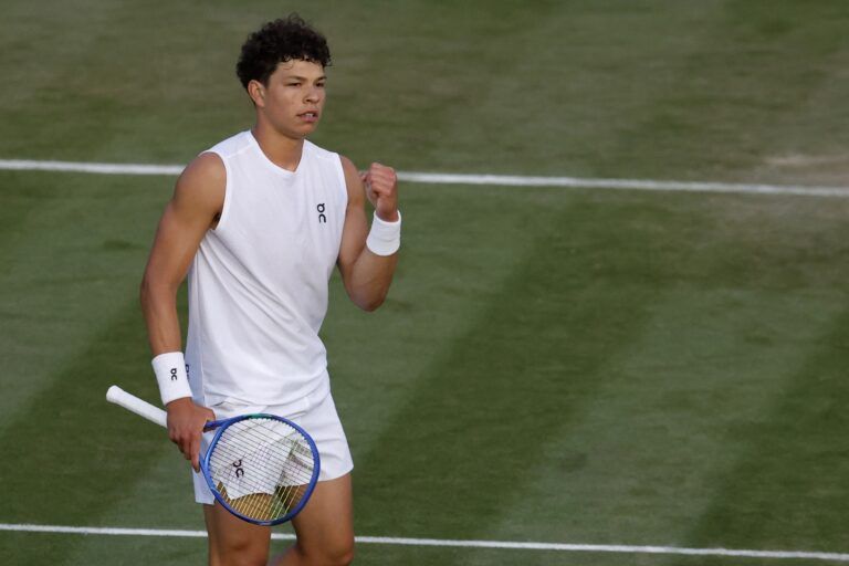 Ben Shelton (USA) reacts after winning a point against Rinky Hijikata (AUS)(not pictured) on day four of The Championships Wimbledon 2025 at All England Lawn Tennis and Croquet Club.