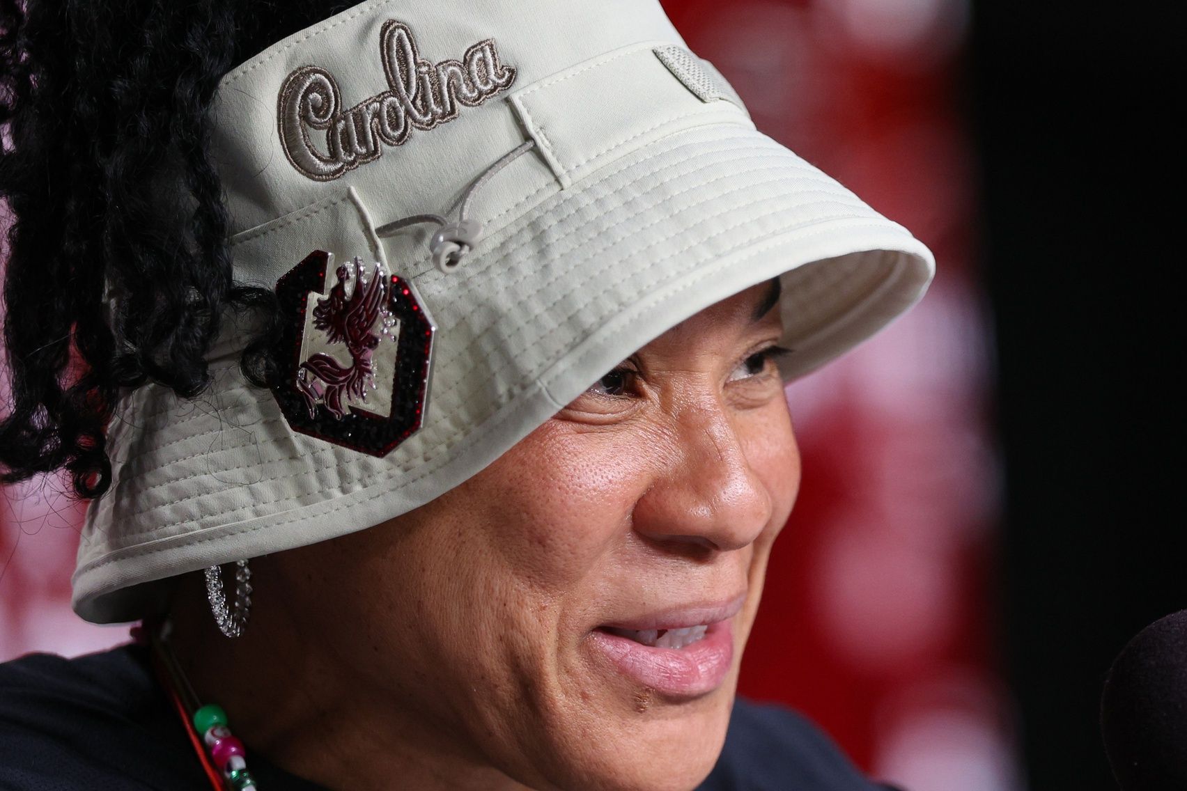 South Carolina Gamecocks head coach Dawn Staley talks to media before practice at Amalie Arena.
