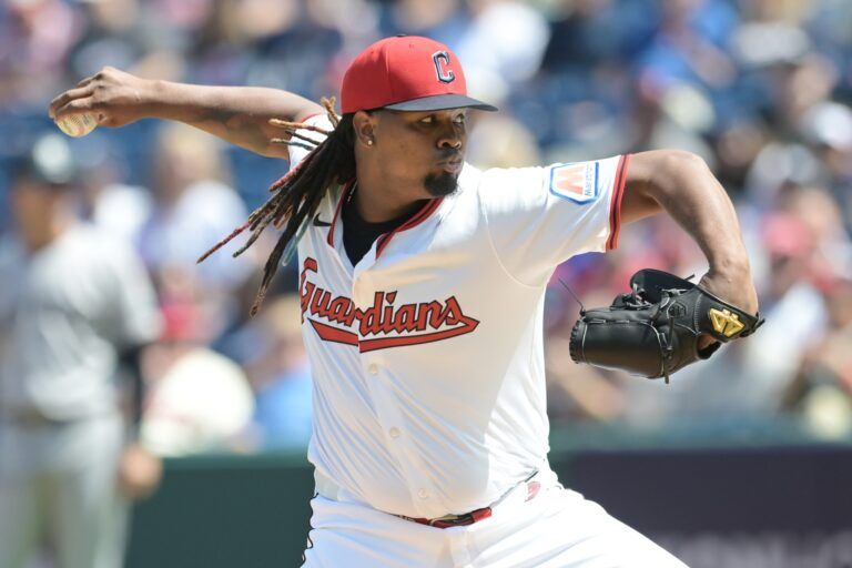 Cleveland Guardians starting pitcher Luis Ortiz (45) throws a pitch during the first inning against the New York Yankees at Progressive Field.