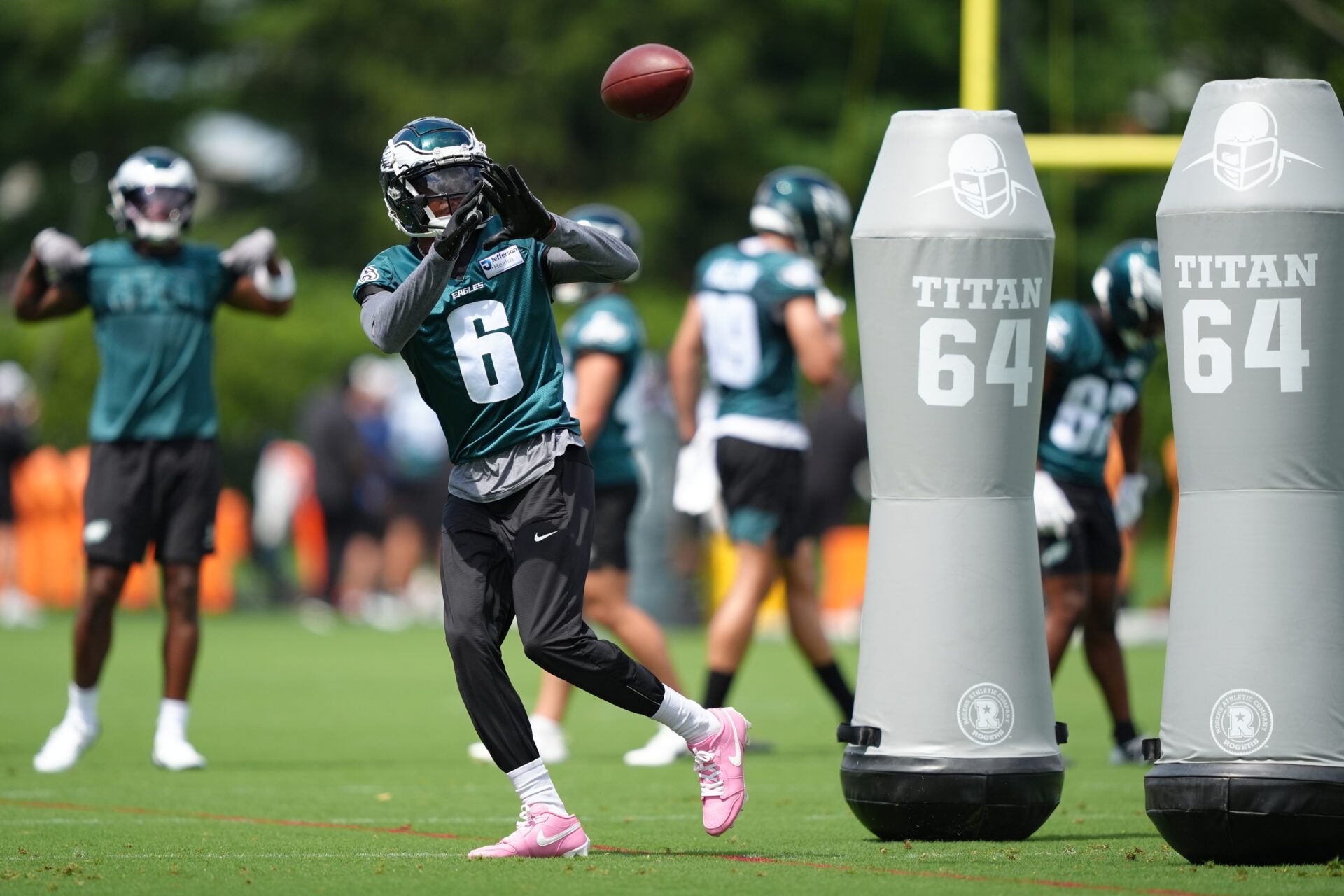 Philadelphia Eagles wide receiver DeVonta Smith (6) makes a reception during a practice drill at NovaCare Complex.