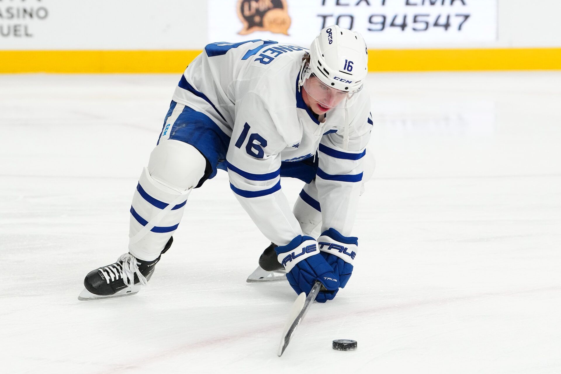 Toronto Maple Leafs right wing Mitch Marner (16) warms up before a game against the Vegas Golden Knights at T-Mobile Arena.