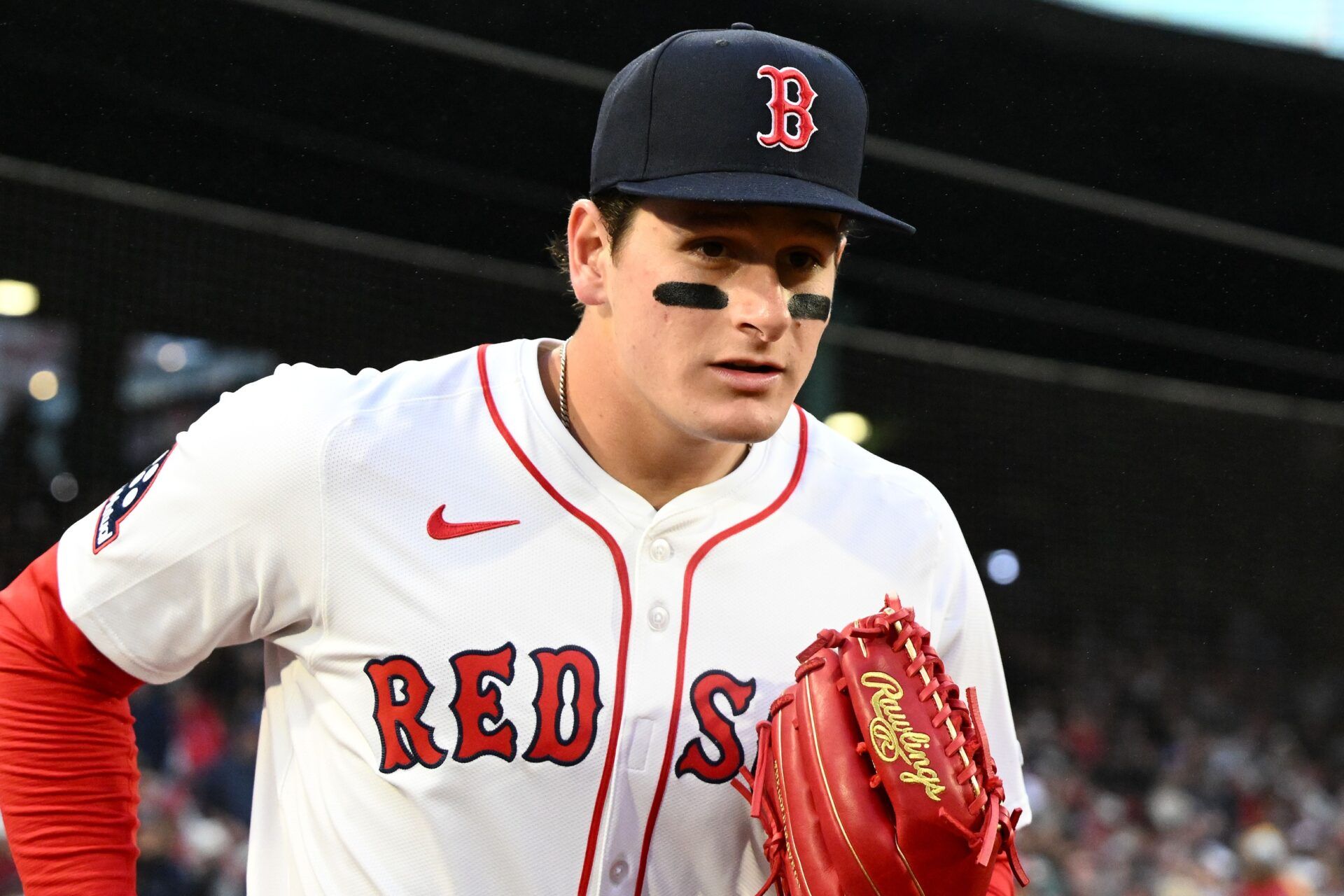 Boston Red Sox right fielder Roman Anthony (48) runs onto the field before a game against the Tampa Bay Rays at Fenway Park.