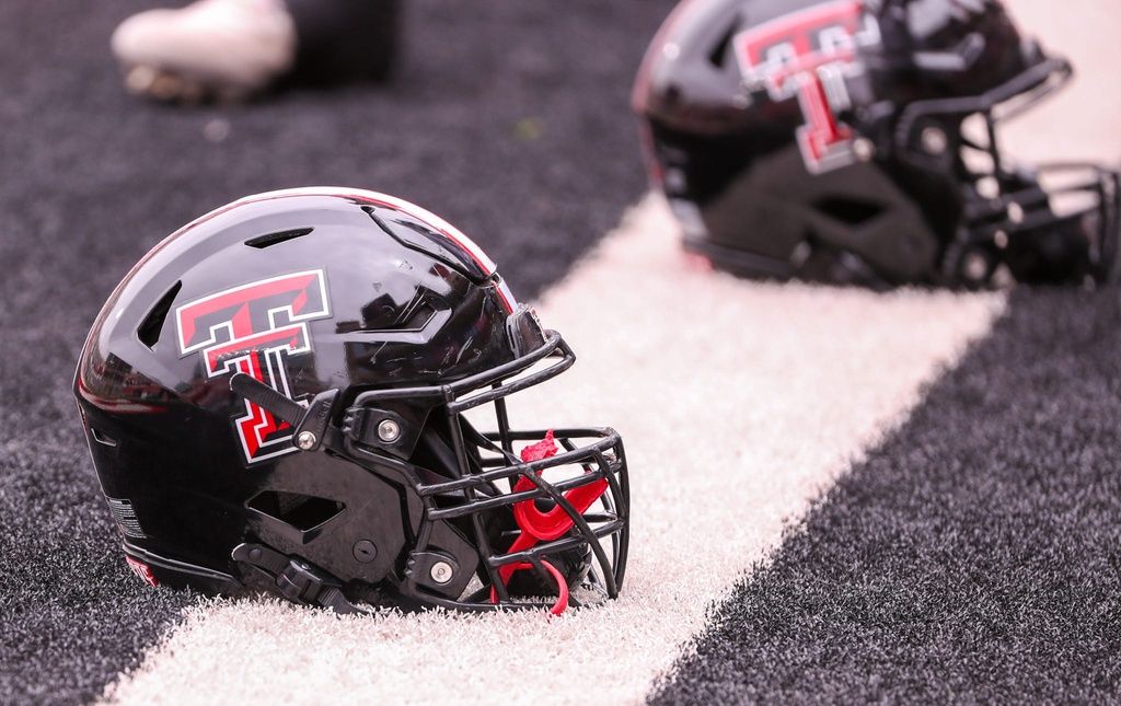 A Texas Tech helmet is seen before the the Texas Tech football team's spring game, Saturday, April 19, 2025, at Jones AT&T Stadium.
