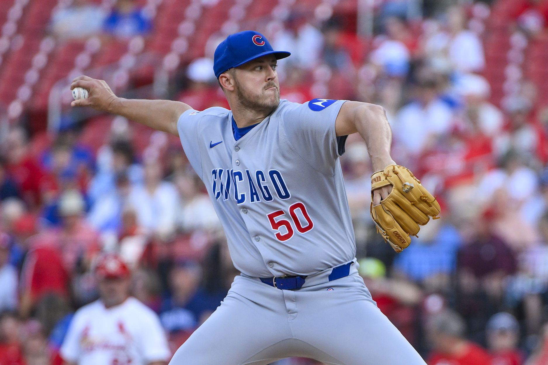 Chicago Cubs starting pitcher Jameson Taillon (50) pitches against the St. Louis Cardinals during the first inning at Busch Stadium.